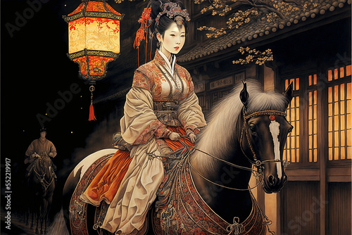 Tang Dynasty Princess Riding a Horse in Chang'an City at Night, painting, wallpaper photo