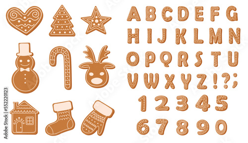 Set of Christmas gingerbread cookies in shape of letters, figures and symbols on white background 