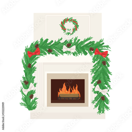 Fireplace with Christmas decor on white background