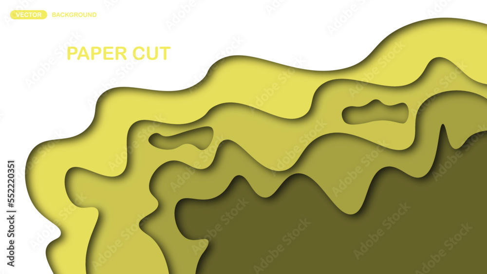 Paper cut background with wavy layers in yellow. Abstract design for brochure, flyer, magazine, business card, branding, banner, header, book cover, notebook vector background