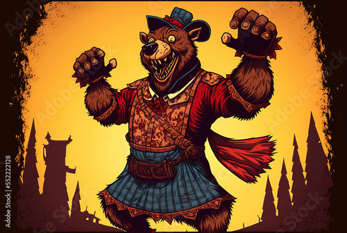 Russian terrifying bear wearing a typical Russian attire with an open mouth, extended paws, huge claws, and enormous teeth. It precisely personifies russia's aggressiveness. copy space; a scarecrow