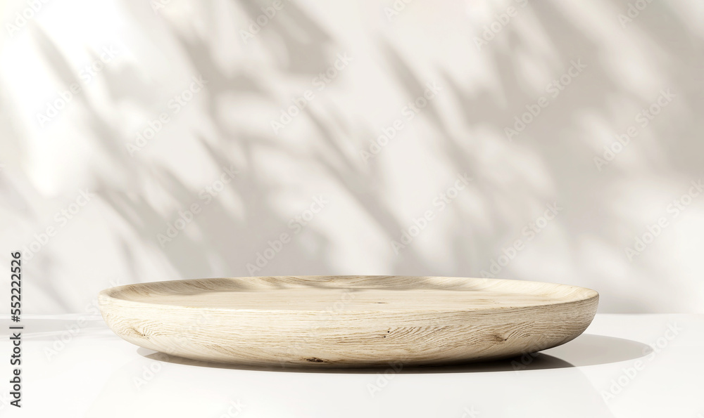 Minimal modern wooden round tray podium on white table counter in dappled sunlight, leaf shadow, concrete wall for luxury beauty, organic, health, cosmetic, jewelry fashion product display background Minimal modern wooden round tray podium on white table counter in dappled sunlight, leaf shadow, concrete wall for luxury beauty, organic, health, cosmetic, jewelry fashion product display background