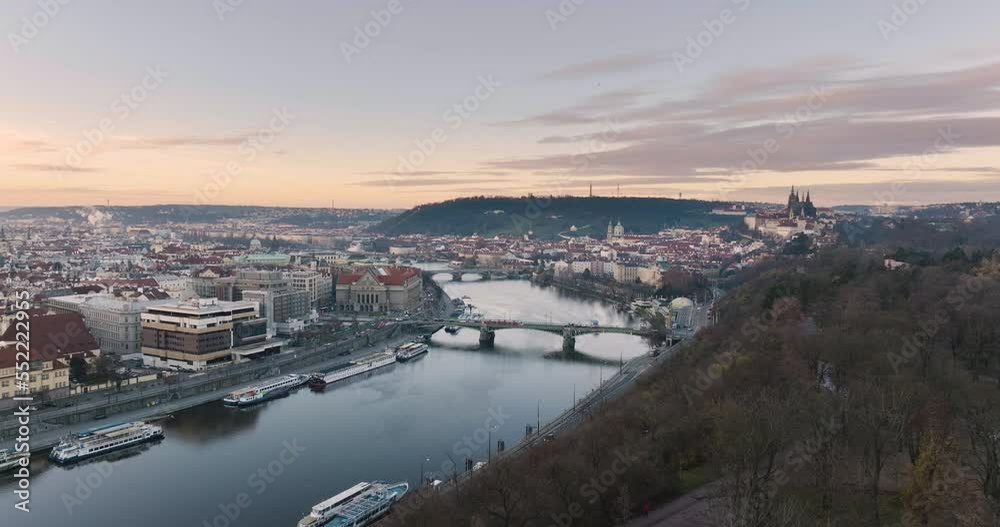 Sunrise at Panoramic view Prague oldtown with bridge, nautre and Prague castle, city river and bridge on the water skyline Sunrise at Panoramic view Prague oldtown with bridge, nautre and Prague castle, city river and bridge on the water skyline
