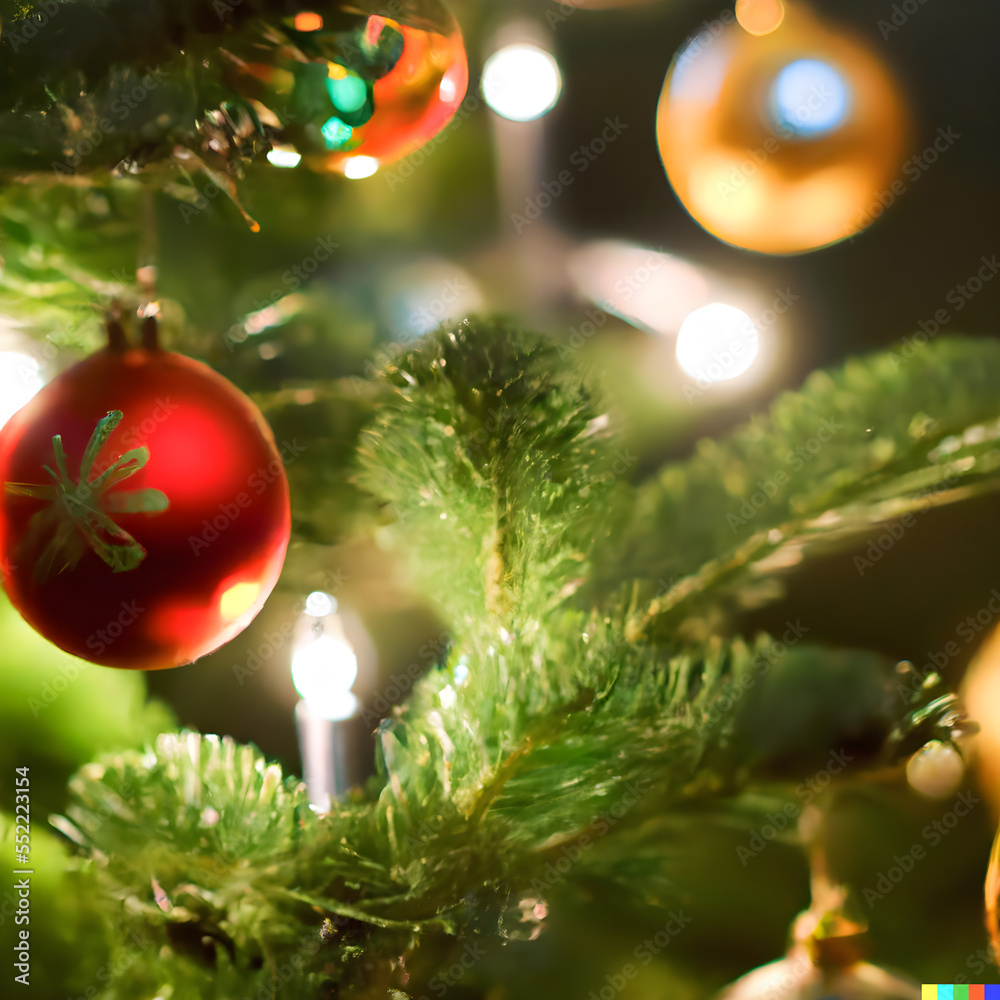 Christmas Tree With Baubles And Blurred Shiny Lights Ornament Decoration Holiday Xmas Gift New Year Christmas Tree With Baubles And Blurred Shiny Lights Ornament Decoration Holiday Xmas Gift New Year
