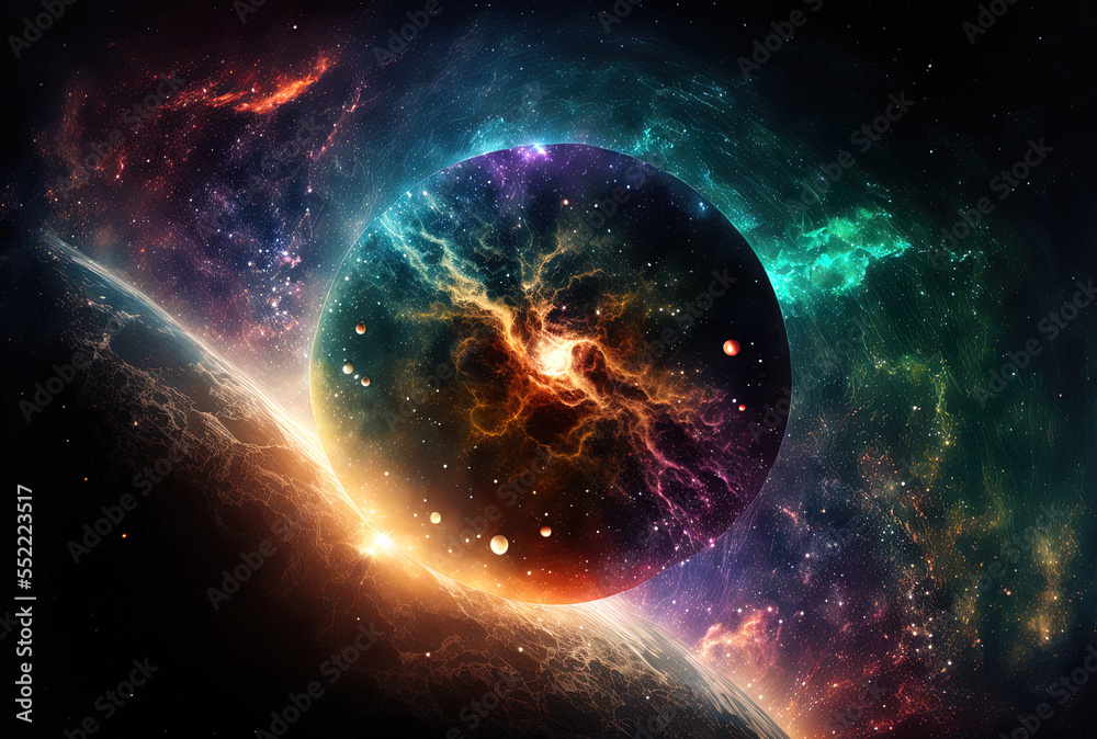 Background with Earth, a nebula, and stars with a space theme. Generative AI