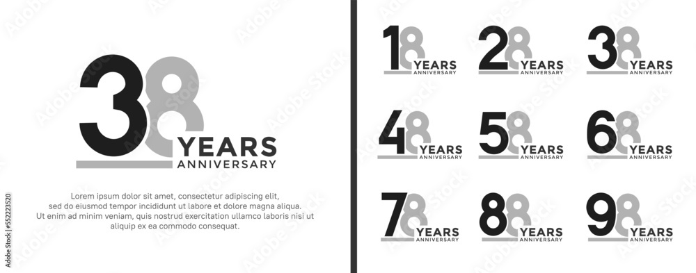 set of anniversary logo style flat black and grey color for celebration