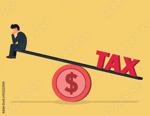 Business tax concept. Business man balanced on seesaw coin.