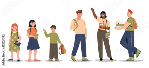 Students and pupils set. Boys and girls with bags and books. Education and training. Stickers for social networks and messengers. Cartoon flat vector illustrations isolated on white background