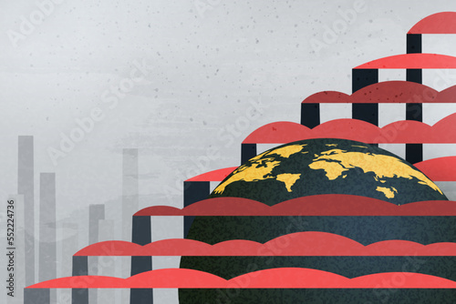 Global warming and climate change concept.Smoke from a factory chimney. CO2 and Air pollution in environment.Paper art vector illustration.
