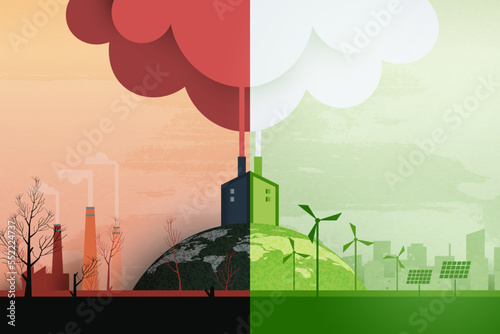 Global warming and climate change concept.Half world of polluted and green environment background.Paper art of ecology and environment concept.Vector illustration. photo