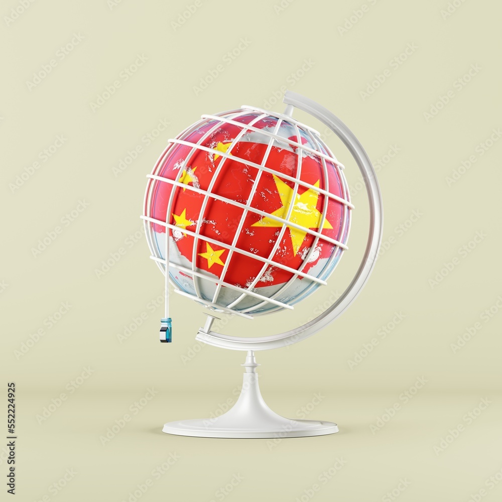 Fototapeta premium Close up China World Global mock up with cable wires internet network technology creative concept idea. 3D Rendering. 