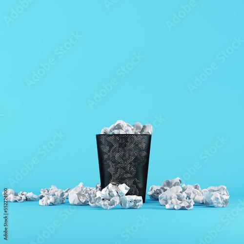 Paper trash Stacked on Recycle bin with paper trash on blue background. 3D Render. Creative minimal idea concept.

