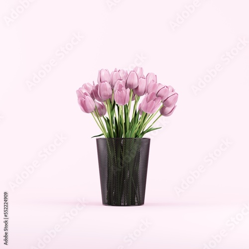 Fototapeta Naklejka Na Ścianę i Meble -  bunch of flowers Pink tulips put on black recycle bin on pink background studio. 3D Render. Idea concept creative.