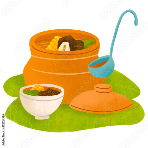 Filipino bulalo stew in palayok clay pot with bowl, ladle, and banana leaves
