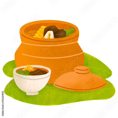 Filipino bulalo stew in palayok clay pot with bowl and banana leaves