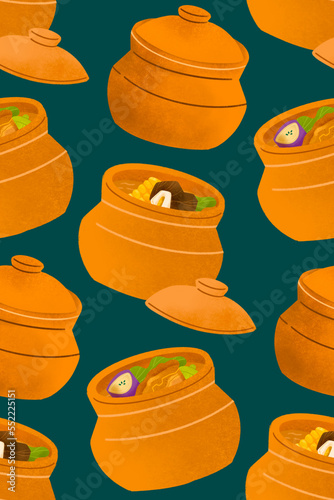 Filipino stews bulalo and pinakbet inside palayok on dark green background illustrated pattern photo