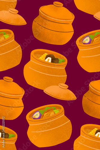 Filipino stews bulalo and pinakbet inside palayok on maroon background illustrated pattern photo