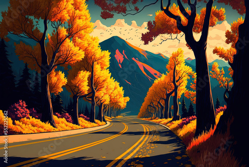 A breathtaking road is flanked by stunning  vibrant fall trees. Generative AI