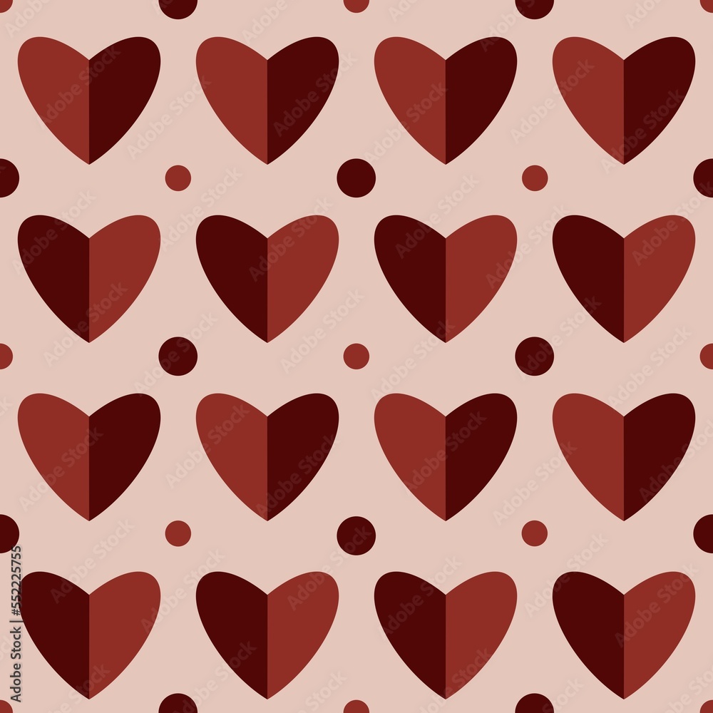 Fototapeta premium Valentine’s Day heart background. Seamless pattern with red hearts and dots on pink background. Raster geometrical romance pattern.