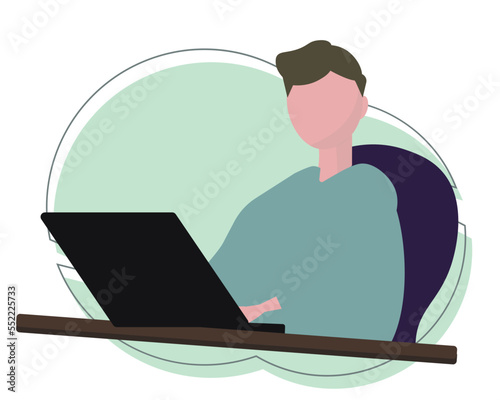  パソコンをする大学生の男性。在宅勤務、リモートワーク。ベクターイラスト