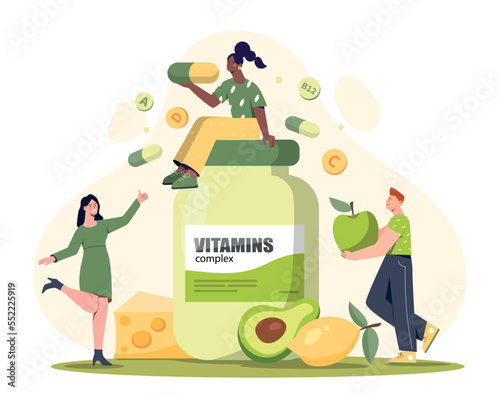 Vitamins complex concept. Men and women with natural and organic products. Healthy eating, proper nutrition. Useful elements and minerals. Fruits and vegetables. Cartoon flat vector illustration