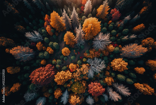 aerial view of a lovely fall forest. Generative AI