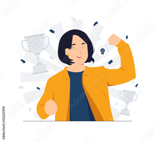 Young excited happy girl doing winner gesture celebrate clenching fists say yes concept illustration
