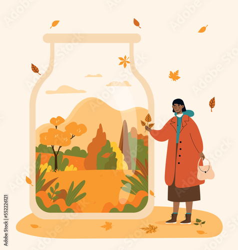 Autumn in bottle. Woman with leaf on background of nature. Fall time and season, inventory for storing smells and memories. Young girl in warm clothes with branch. Cartoon flat vector illustration