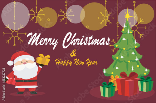 Merry Christmas greeting card illustration design with Santa Claus bringing gifts and Christmas tree