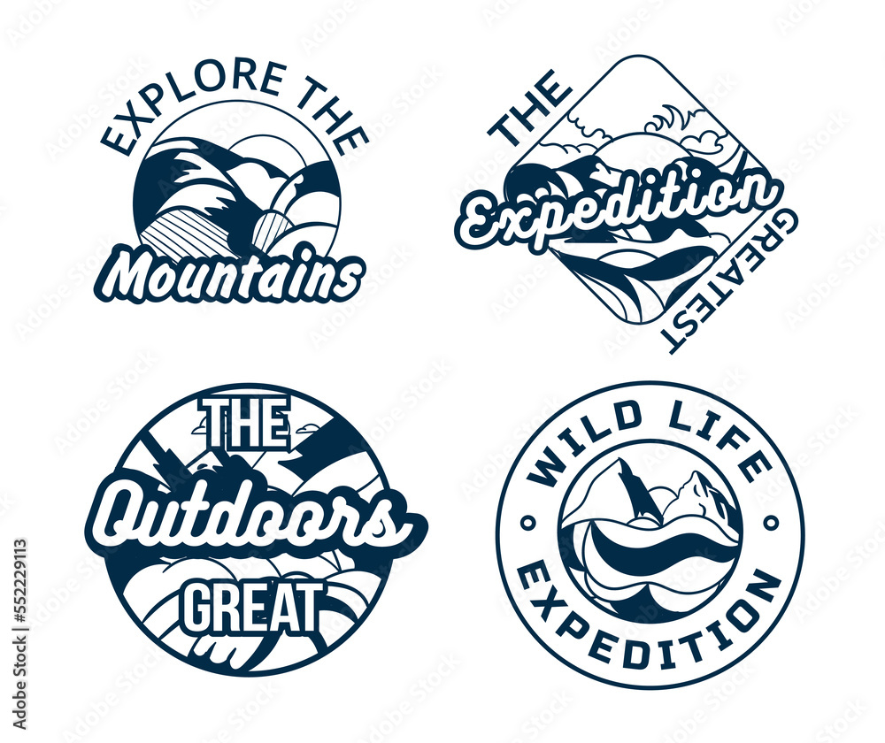 Fototapeta premium Camping logo silhouettes set. Collection of stylish logotypes for company, branding. Hiking and active lifestyle. Mountains and nature. Cartoon flat vector illustrations isolated on white background
