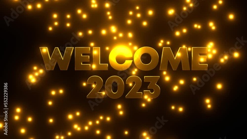 WELCOME 2023 with golden falling particle on black background. 4K UHD. 3d rendering.