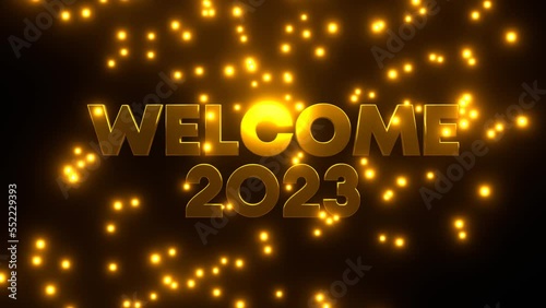 WELCOME 2023 with golden falling particle on black background. 4K UHD. 3d rendering.