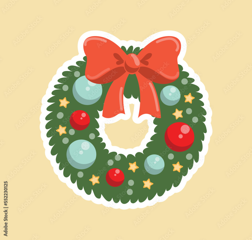 Christmas wreath icon. Decoration for apartment and room. Green branch with red bow, balls, stars and toys. Graphic element for website, poster or banner, cover. Cartoon flat vector illustration Christmas wreath icon. Decoration for apartment and room. Green branch with red bow, balls, stars and toys. Graphic element for website, poster or banner, cover. Cartoon flat vector illustration