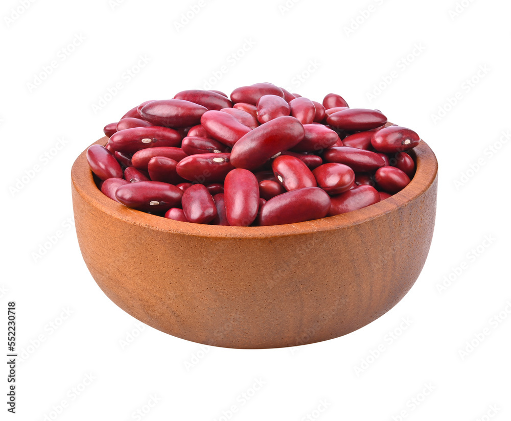 Red kidney beans in wooden bowl on transparent png.