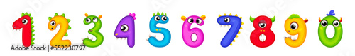 Funny Monsters Colorful Numbers, Cute Fantasy Aliens in the Shape of Numerals. Cartoon numbers from 0 to 9 icons are made in the form of human figures with big eyes and face. Arabic numerals. Vector