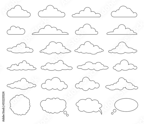 Cloud line set. Collection of minimalistic graphic elements for website. Template, layout and mockup, bubble speach and weather. Cartoon flat vector illustrations isolated on white background