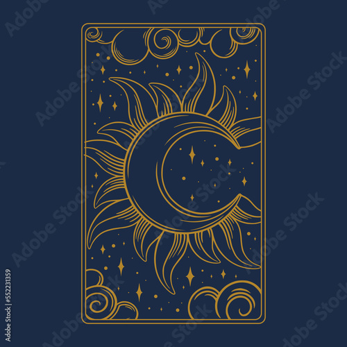 Tarot aesthetic golden card. Bohemian tarot design for oracle card covers. Vector illustration isolated in blue background