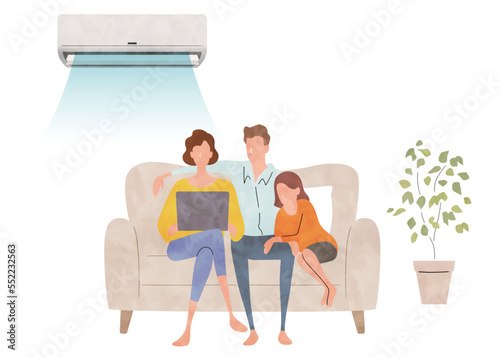 ベクターイラスト素材：部屋でエアコンを使用する家族
