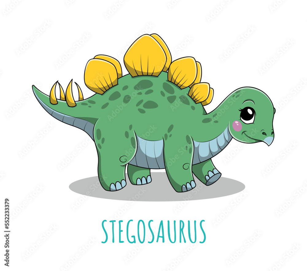 Naklejka premium Cute stegosaurus icon. Sticker for social networks and instant messengers. Animal BC, biology and history, wild life and fauna. Archeology, paleontology and fossil. Cartoon flat vector illustration
