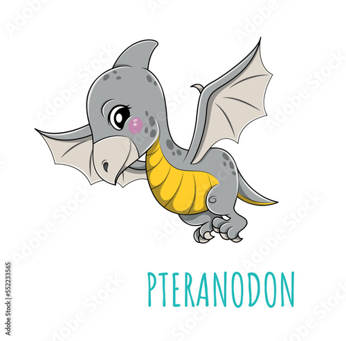Cute pteranodon icon. Gray ancient animal with wing, fictional character before our era. Poster or banner for website. Graphic element for printing on fabric. Cartoon flat vector illustration