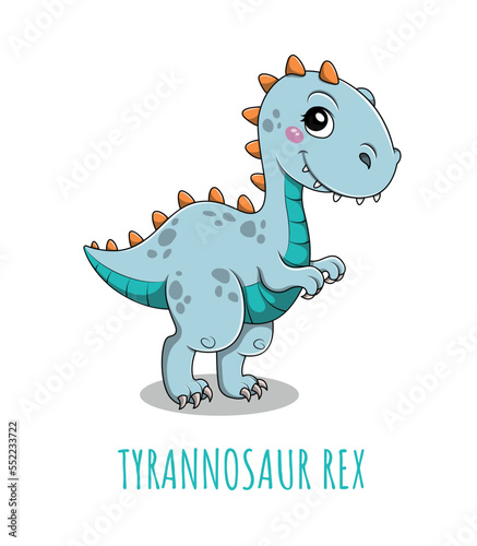 Cute tyrannosaur rex icon. Sticker for social networks and messengers. Charming character for children, mascot and toy. Fauna BC, biology and history concept. Cartoon flat vector illustration photo