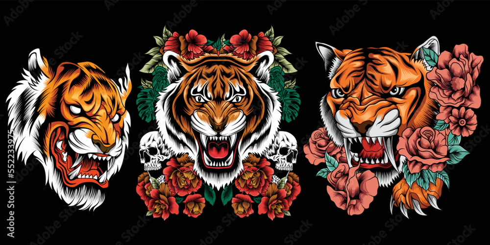 Collection of tiger head illustration with roses around
