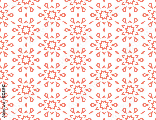 Abstract geometric pattern with lines, snowflakes. A seamless vector background. White and pink texture. Graphic modern pattern