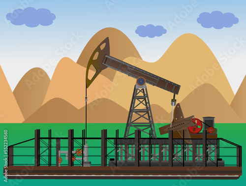 Pumping unit for oil production. Oil well pump against the backdrop of mountains. Energy industry. Vector illustration. Petroleum.