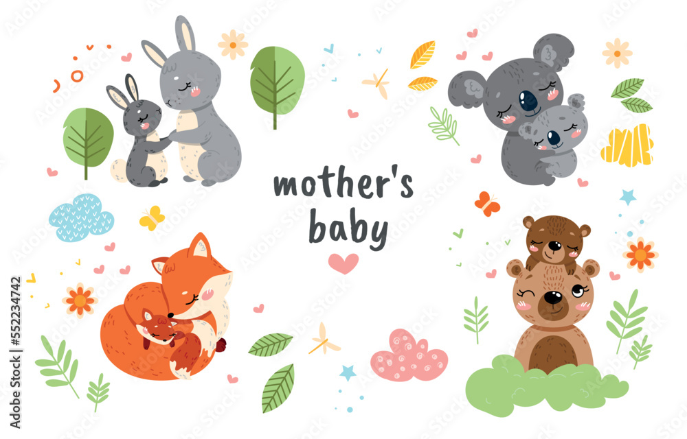 Fototapeta premium Mother with babies cute. Forest dwellers, bear, fox, koala and rabbit. Fauna and wild life, nature. Poster or banner for website. Animals and leaves, foliage. Cartoon flat vector illustration