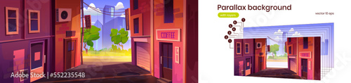 Summer city landscape with alleyway, road, park and skyscrapers on horizon. Cityscape with empty back street lane, vector cartoon parallax background ready for 2d animation