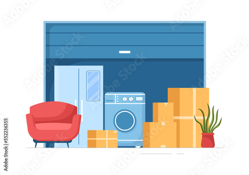 Self Storage of Cardboard Boxes Filled with Unused Items in Mini Warehouse or Rental Garage in Flat Cartoon Hand Drawn Templates Illustration