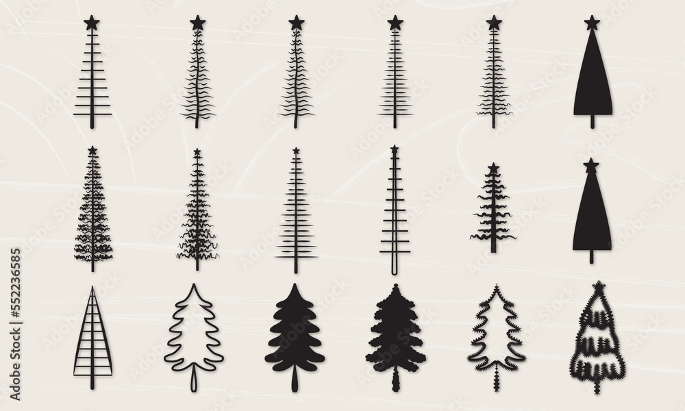 Christmas tree illustration bundle on a wooden surface.