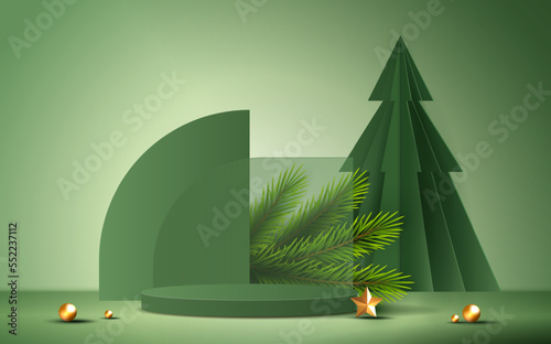 Podium shape for show cosmetic product display for Christmas day or New Years. Stand product showcase on green background with tree christmas. vector design.