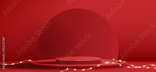 Podium shape for show cosmetic product display for Christmas day or New Years. Stand product showcase on red background with tree christmas. vector design.